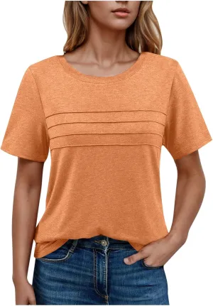 2025 Summer Classic Pleated T Shirts Women Casual Short Sleeve Crewneck Tunic Tops Derssy Loose Fit Office Work Blouses