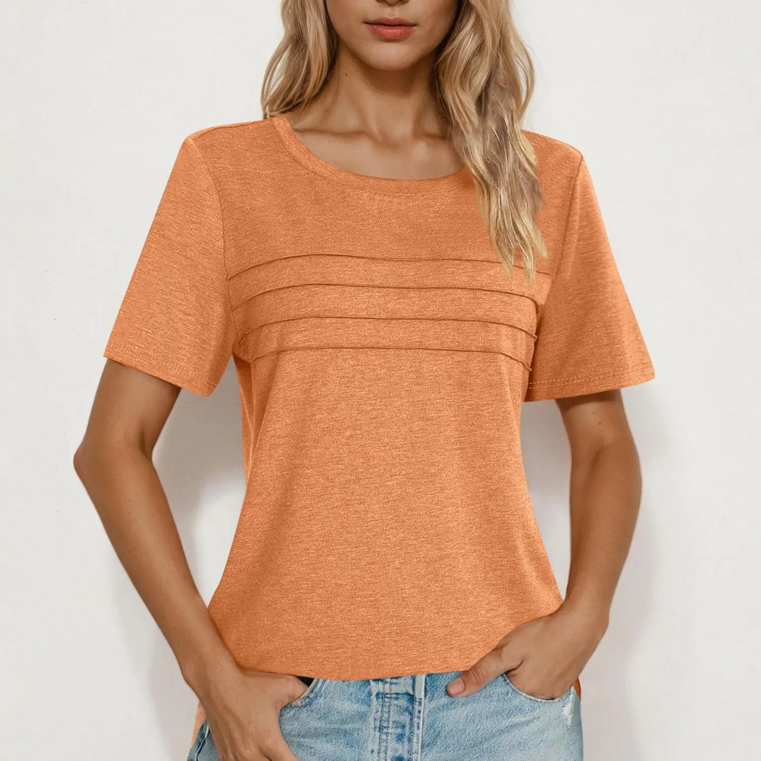 2025 Summer Classic Pleated T Shirts Women Casual Short Sleeve Crewneck Tunic Tops Derssy Loose Fit Office Work Blouses