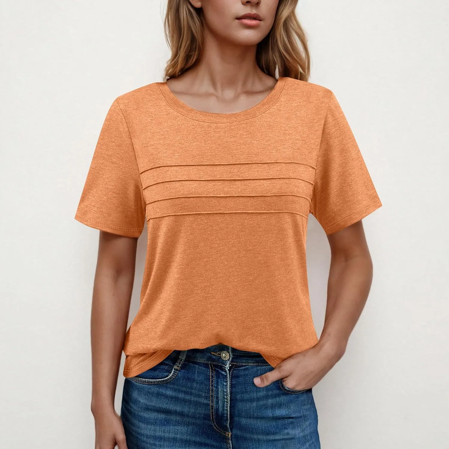 2025 Summer Classic Pleated T Shirts Women Casual Short Sleeve Crewneck Tunic Tops Derssy Loose Fit Office Work Blouses