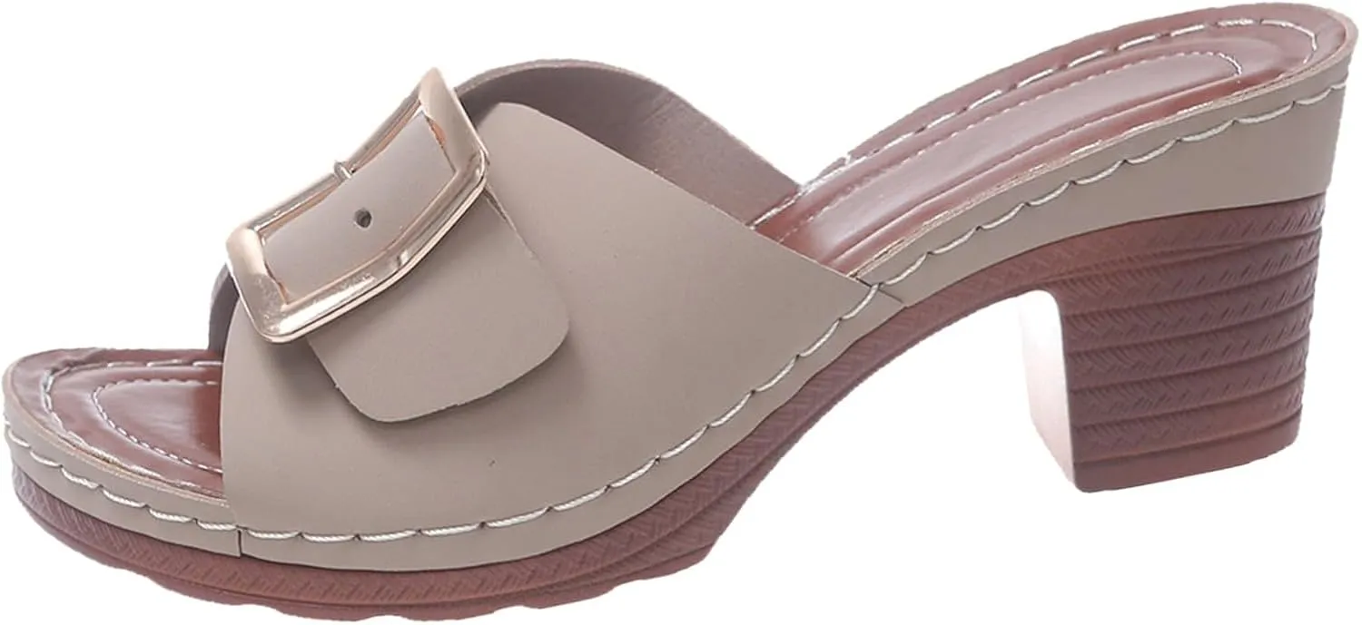 2025 Women Chunky Heels Sandals Comfortable Elegant Summer Slip-On Leather Walking Footwear Fashion Dance Party Height Increase Slippers Breathable Ladies Dress Beach Vacation Casual Shoe