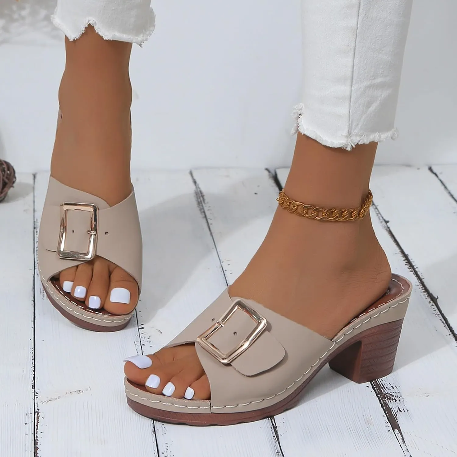 2025 Women Chunky Heels Sandals Comfortable Elegant Summer Slip-On Leather Walking Footwear Fashion Dance Party Height Increase Slippers Breathable Ladies Dress Beach Vacation Casual Shoe