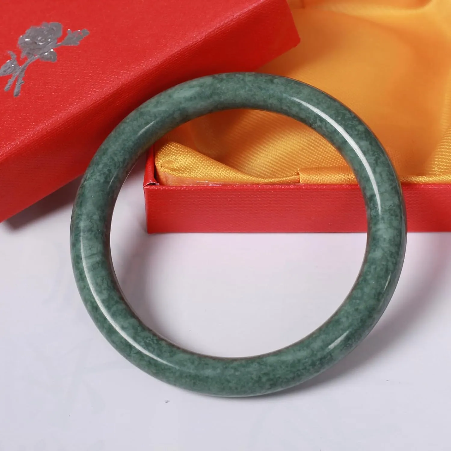 2.35in Natural green Jade stone Bangle green round bar handmade jade bracelet for women with box 59-60mm