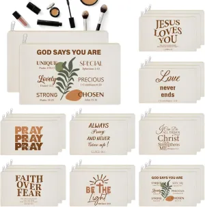 24 Pcs Christian Cosmetic Bags Bulk for Women Inspirational Bible Verse Makeup Bags Christian Canvas Pencil Pouches with Zipper for Organize Cosmetics Journaling Motivational Supplies