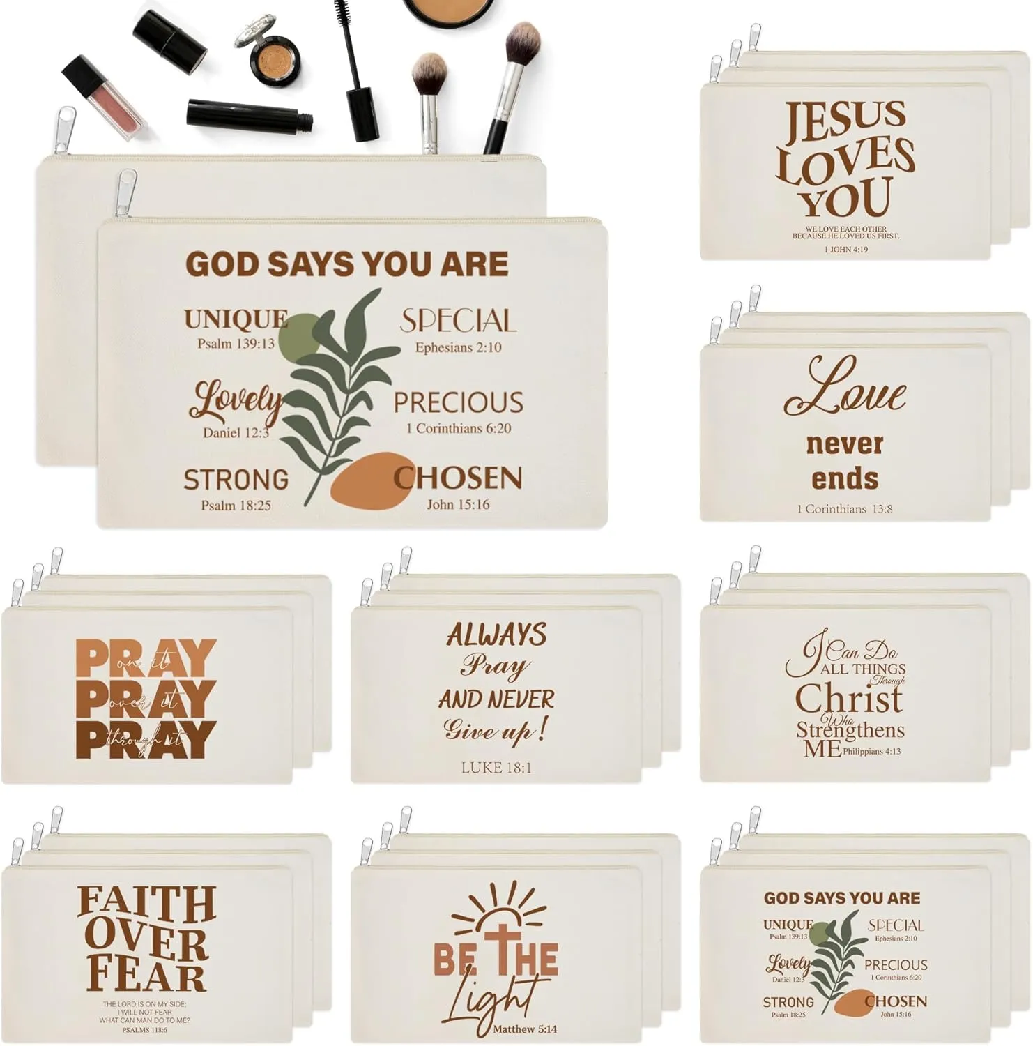 24 Pcs Christian Cosmetic Bags Bulk for Women Inspirational Bible Verse Makeup Bags Christian Canvas Pencil Pouches with Zipper for Organize Cosmetics Journaling Motivational Supplies