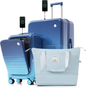 3-Piece Luggage Set with 20" Front-Opening Carry-On, 28" Suitcase, and Expandable Travel Bag, blue