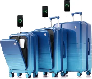 3-Piece Luggage Set with USB Port, Front Opening Carry-On, Spinner Wheels, ABS PC Hard Shell, Blue - 20, 24, 28 Inch