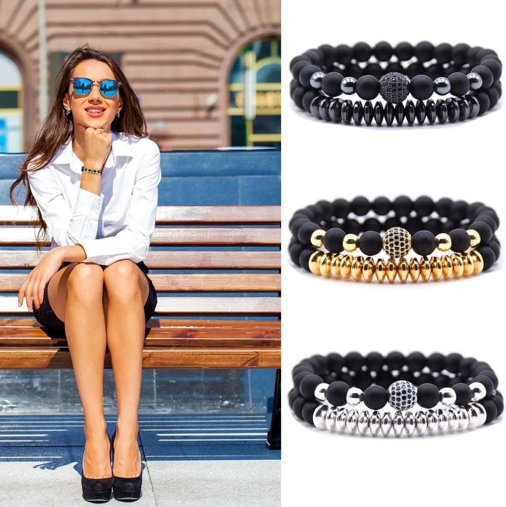 3 Set Micro Pave Zircon Crown King Charm 8mm Beads Bracelet for Men Women His and Hers Couple Bracelet Natural Black Matte Onyx Stone Hematite Beads Elastic Adjustable