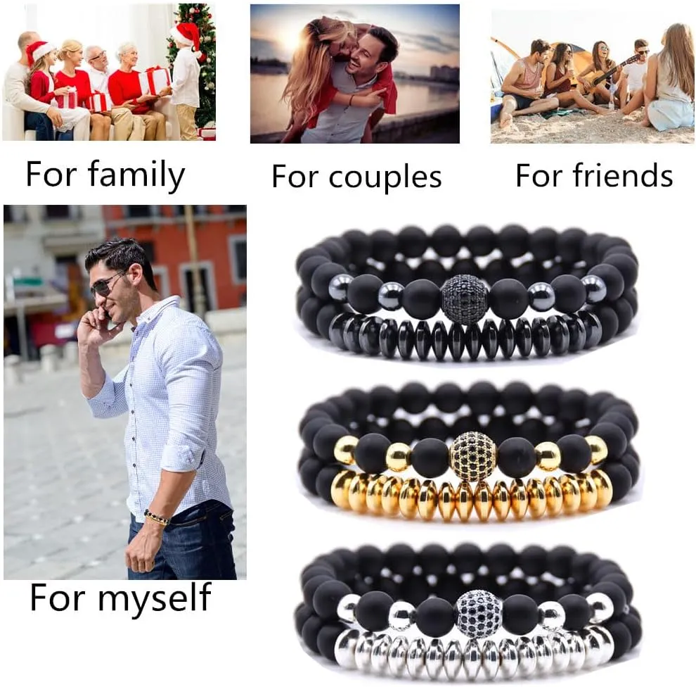 3 Set Micro Pave Zircon Crown King Charm 8mm Beads Bracelet for Men Women His and Hers Couple Bracelet Natural Black Matte Onyx Stone Hematite Beads Elastic Adjustable