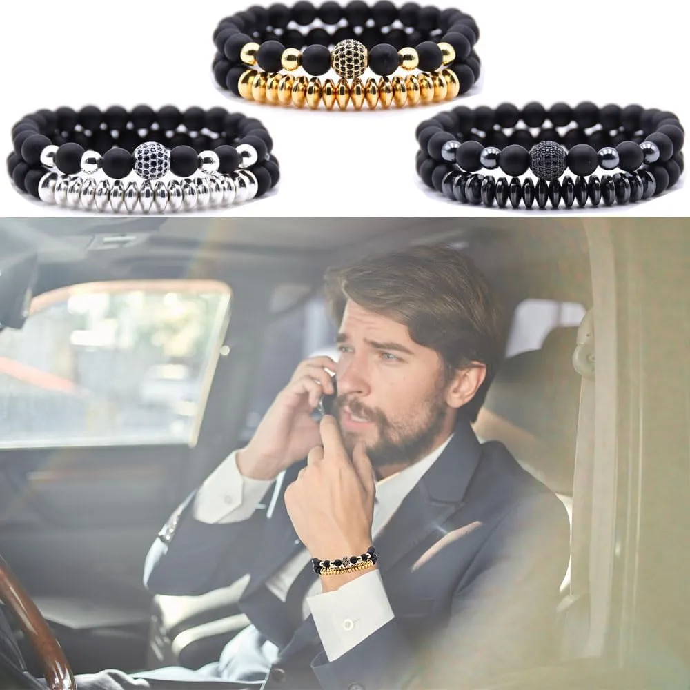 3 Set Micro Pave Zircon Crown King Charm 8mm Beads Bracelet for Men Women His and Hers Couple Bracelet Natural Black Matte Onyx Stone Hematite Beads Elastic Adjustable