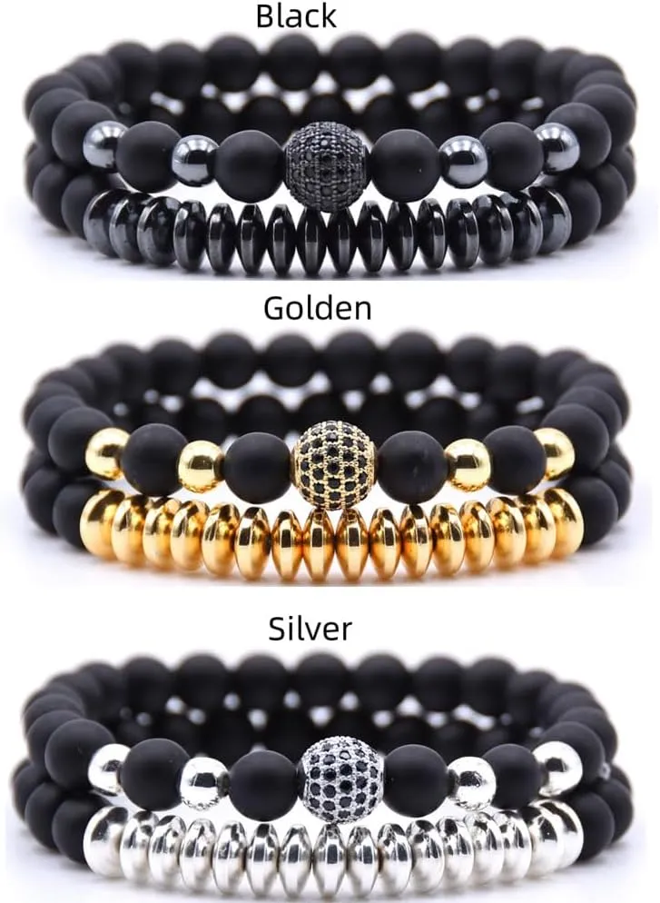 3 Set Micro Pave Zircon Crown King Charm 8mm Beads Bracelet for Men Women His and Hers Couple Bracelet Natural Black Matte Onyx Stone Hematite Beads Elastic Adjustable