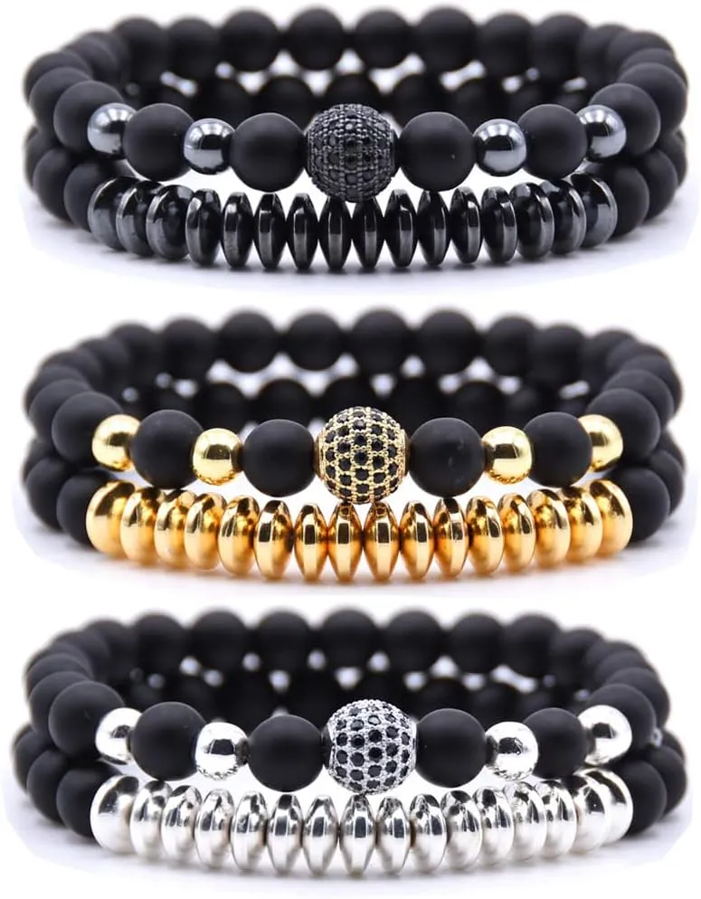 3 Set Micro Pave Zircon Crown King Charm 8mm Beads Bracelet for Men Women His and Hers Couple Bracelet Natural Black Matte Onyx Stone Hematite Beads Elastic Adjustable