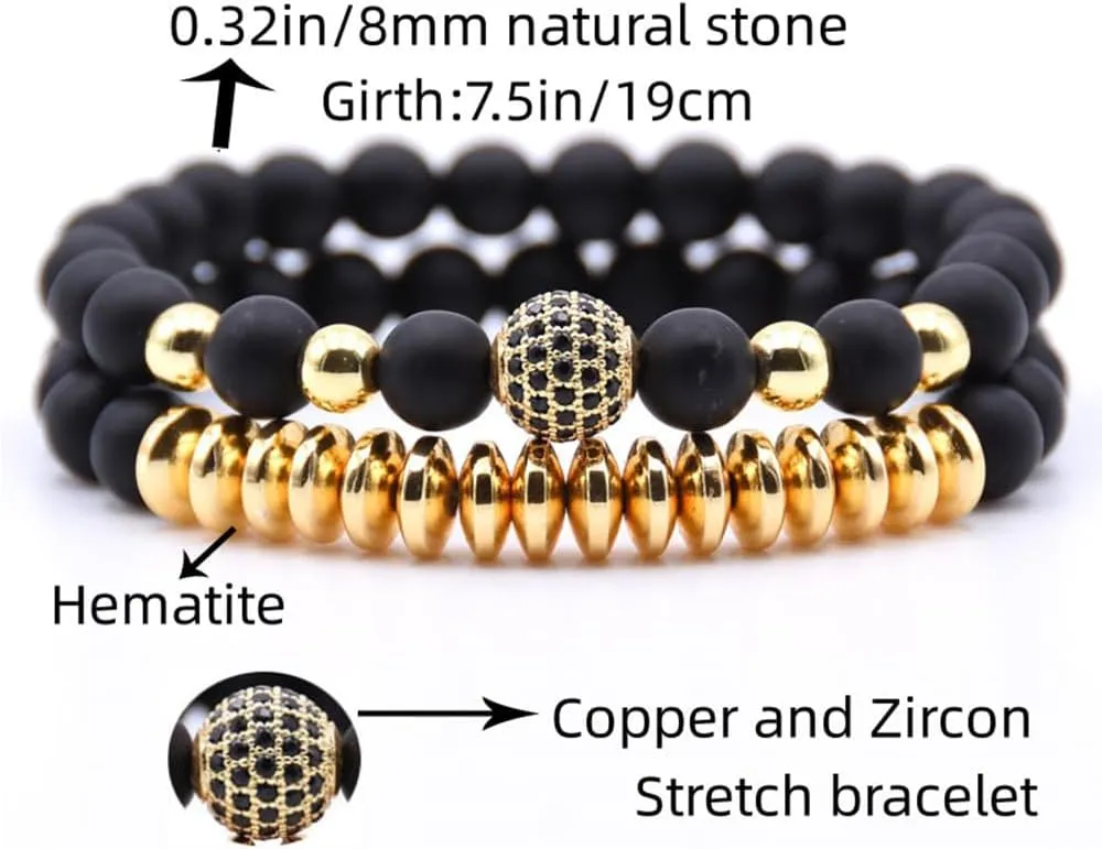 3 Set Micro Pave Zircon Crown King Charm 8mm Beads Bracelet for Men Women His and Hers Couple Bracelet Natural Black Matte Onyx Stone Hematite Beads Elastic Adjustable