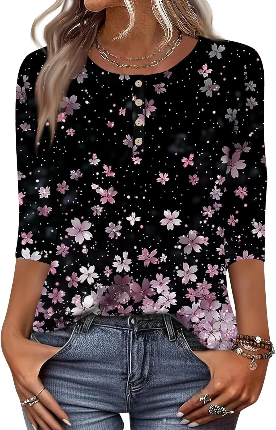 3/4 Length Sleeve Womens Summer Tops 2025 Button Crew Neck Blouses Dressy Casual Loose Fit Floral/Patriotic Shirts