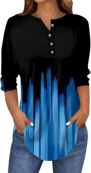 3/4 Length Sleeve Womens Tops 2025 Spring Henley Neck Casual Print Tunic T Shirts Summer Trendy Boho Floral Blouses