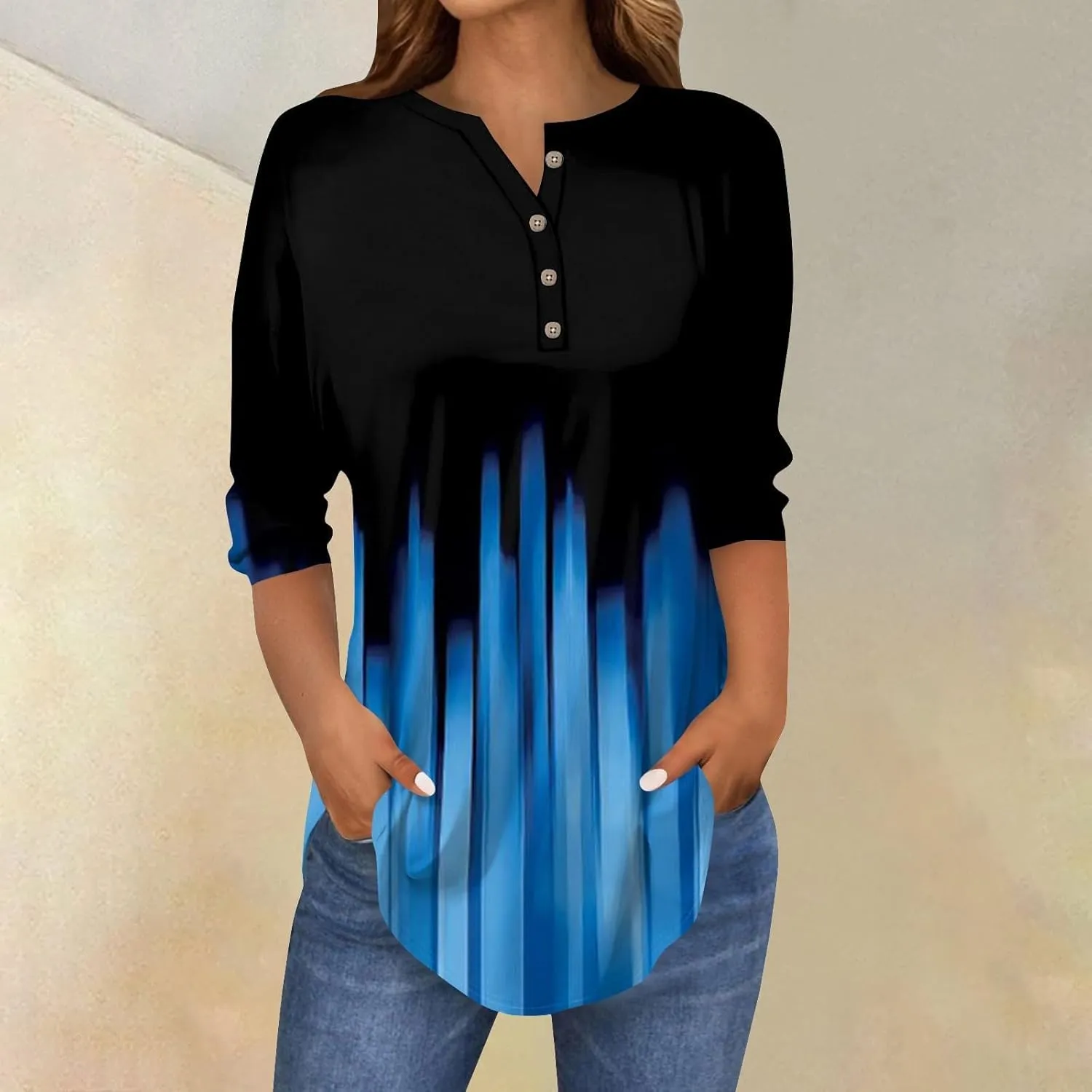 3/4 Length Sleeve Womens Tops 2025 Spring Henley Neck Casual Print Tunic T Shirts Summer Trendy Boho Floral Blouses