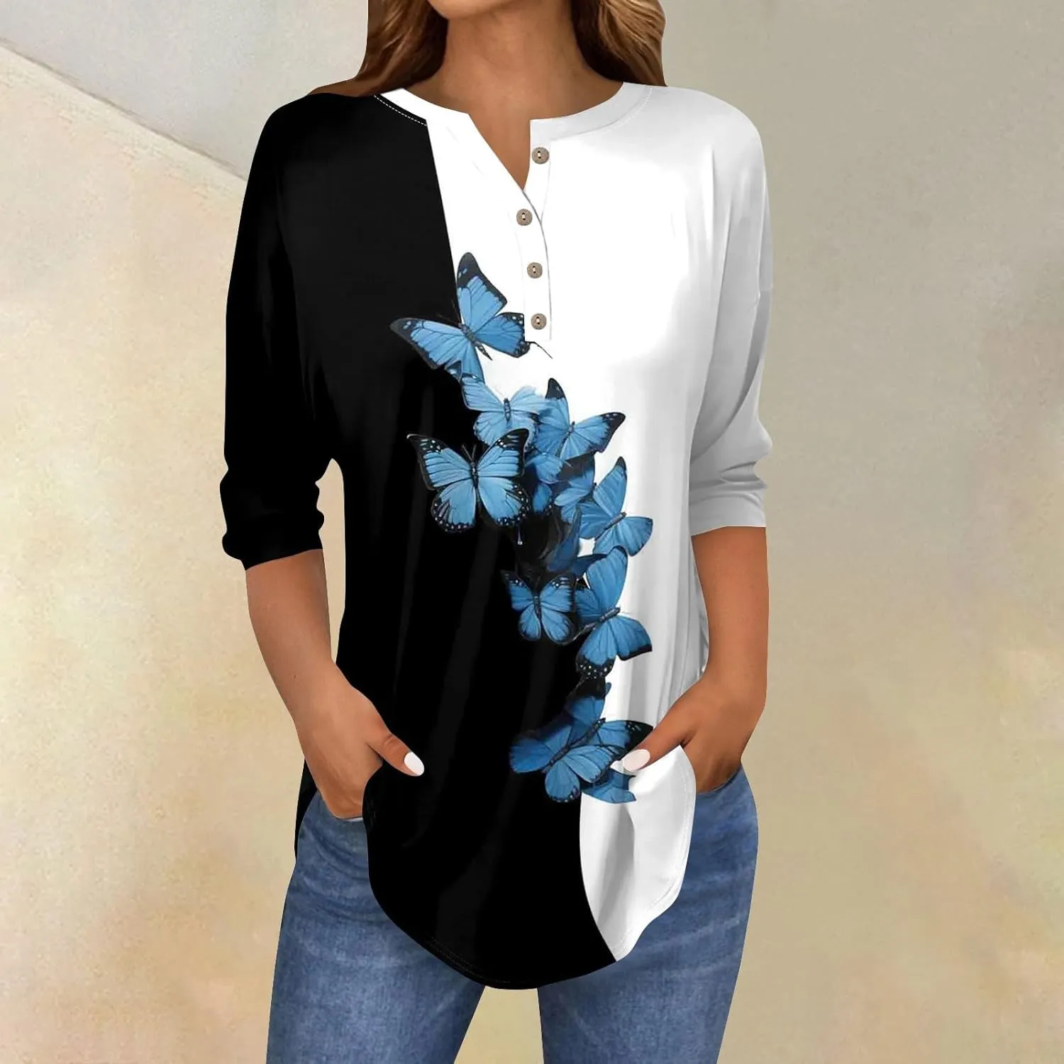 3/4 Length Sleeve Womens Tops 2025 Spring Summer Henley Neck Trendy Shirts Loose Fit Dressy Casual Blouses