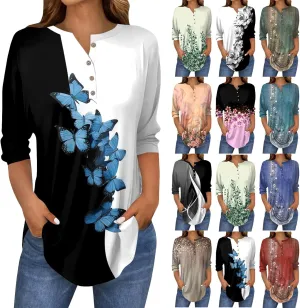 3/4 Length Sleeve Womens Tops 2025 Spring Summer Henley Neck Trendy Shirts Loose Fit Dressy Casual Blouses