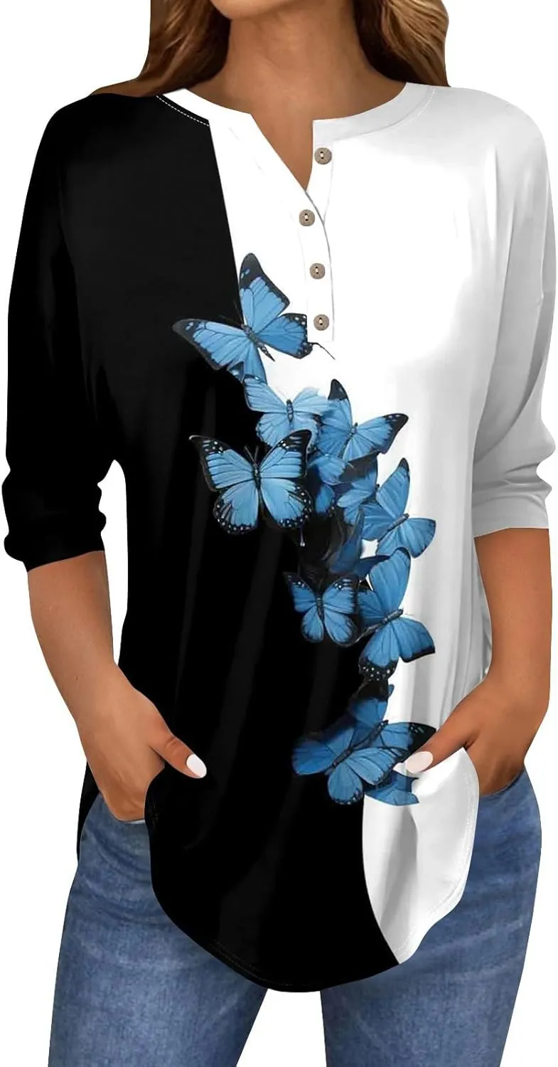 3/4 Length Sleeve Womens Tops 2025 Spring Summer Henley Neck Trendy Shirts Loose Fit Dressy Casual Blouses