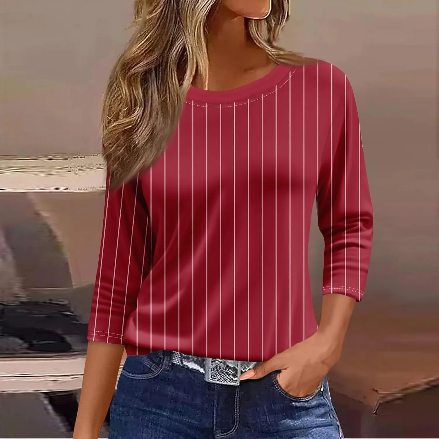 3/4 Length Sleeve Womens Tops 2025 Summer Crew Neck Shirts Three Quarter Sleeve Petite Tshirts
