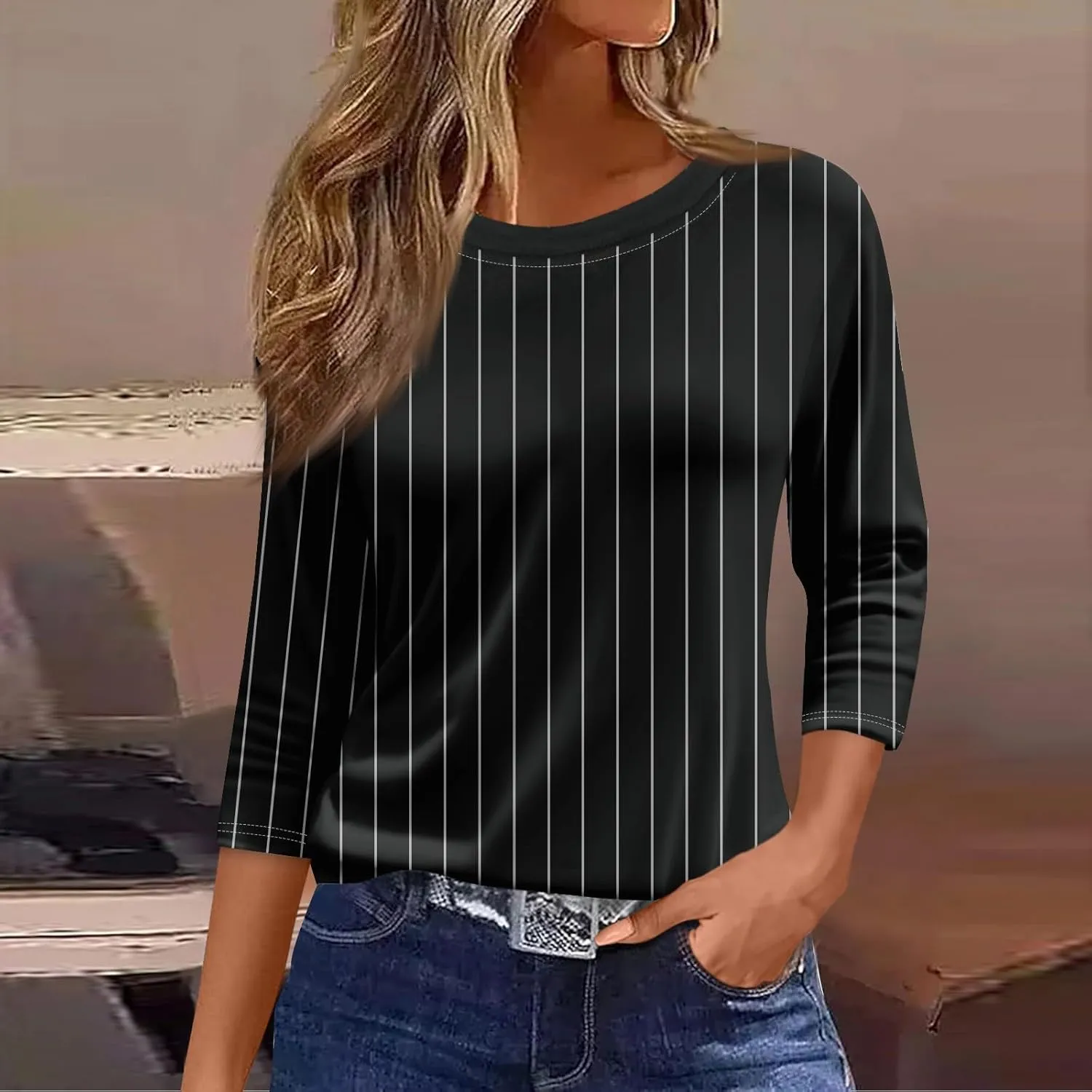 3/4 Length Sleeve Womens Tops 2025 Summer Crew Neck Shirts Three Quarter Sleeve Petite Tshirts