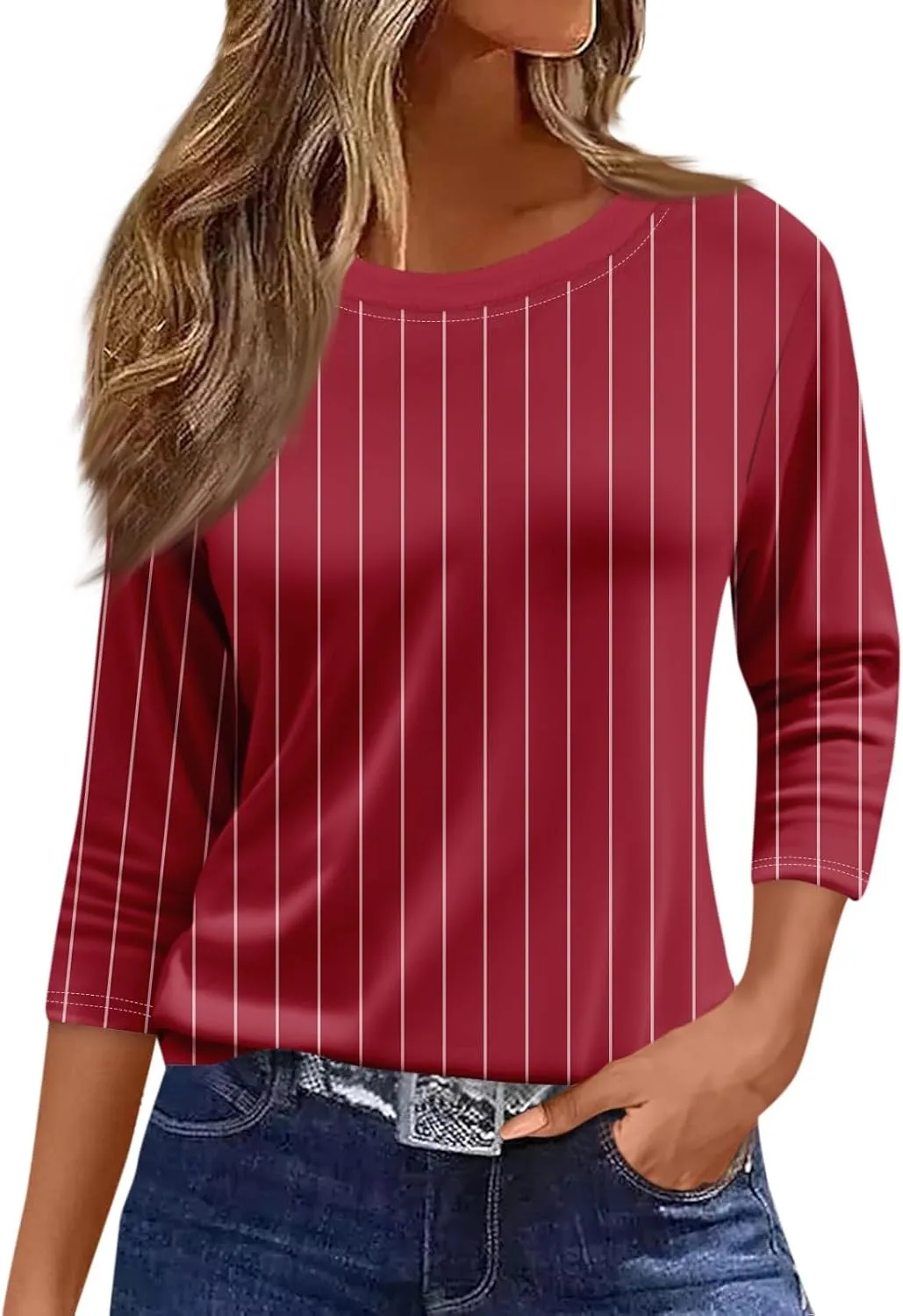 3/4 Length Sleeve Womens Tops 2025 Summer Crew Neck Shirts Three Quarter Sleeve Petite Tshirts