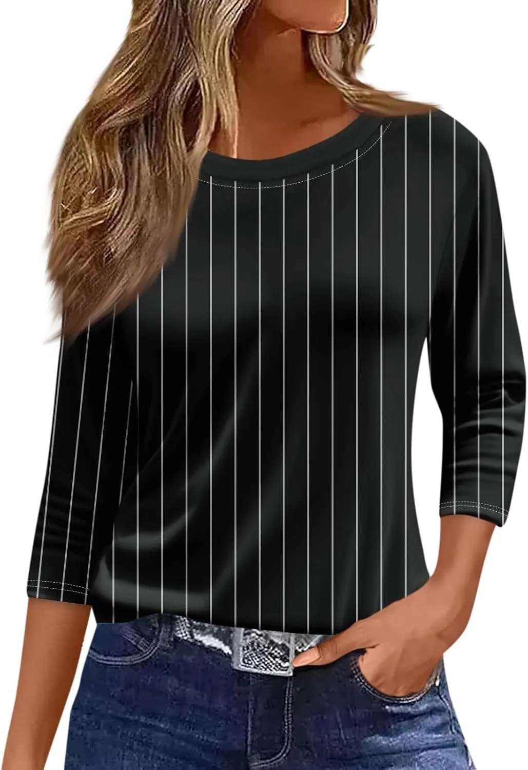 3/4 Length Sleeve Womens Tops 2025 Summer Crew Neck Shirts Three Quarter Sleeve Petite Tshirts
