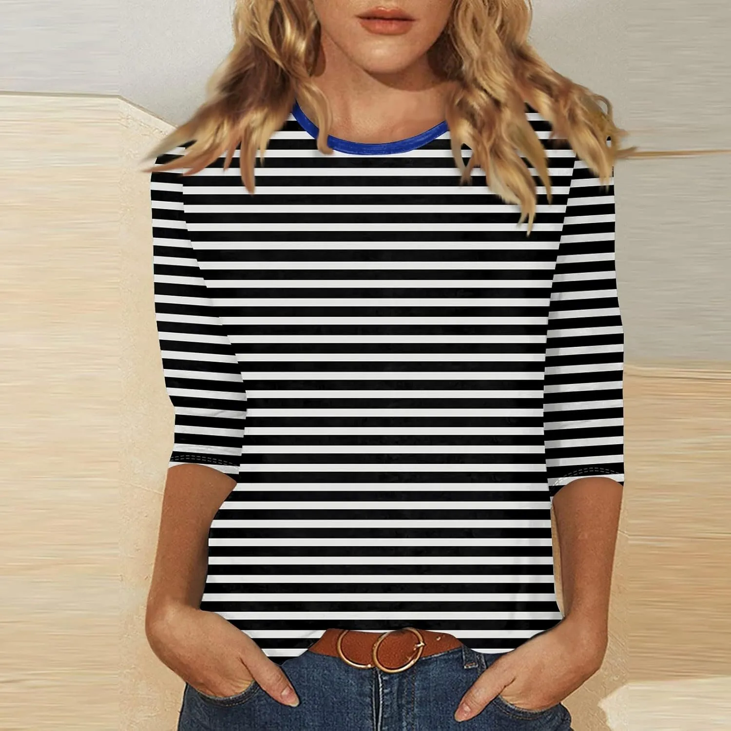 3/4 Length Sleeve Womens Tops Casual Loose Fit Crewneck T Shirts Cute Solid Summer Tops 2024