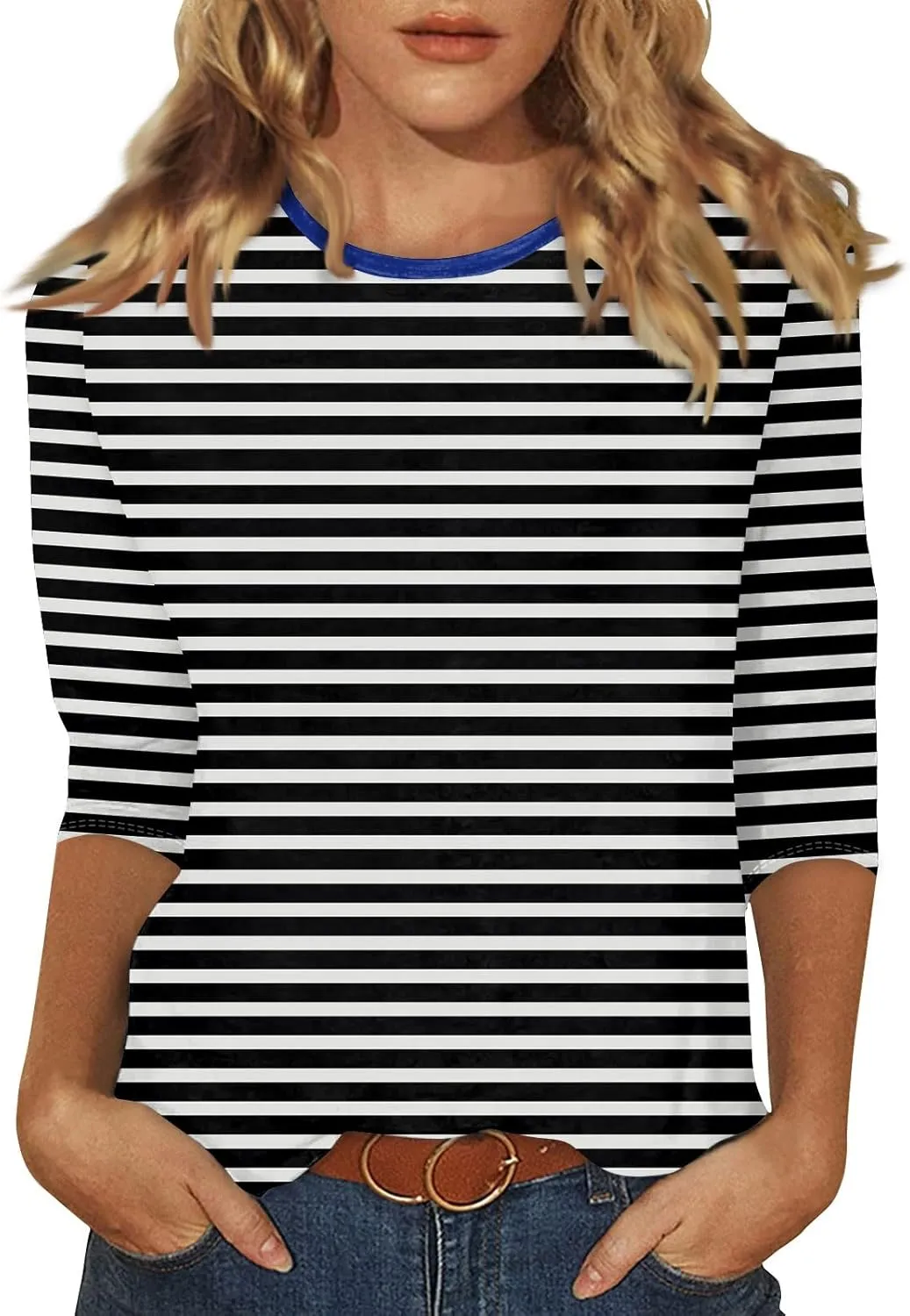 3/4 Length Sleeve Womens Tops Casual Loose Fit Crewneck T Shirts Cute Solid Summer Tops 2024