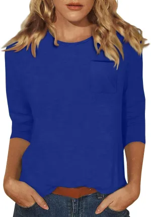 3/4 Length Sleeve Womens Tops Casual Loose Fit Crewneck T Shirts Cute Solid Summer Tops 2024