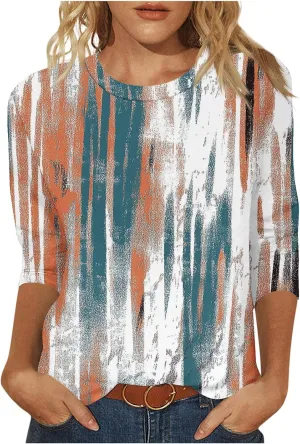 3/4 Length Sleeve Womens Tops Round Neck Cute Tunic Vintage Boho Floral Print T Shirt Loose Basic Tees Blouses