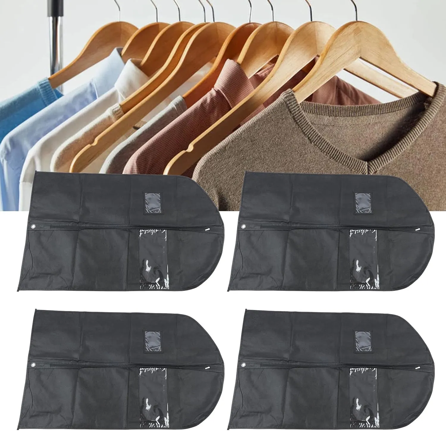 4 Pack Garment Bag Suit Bags for Closet Storage, Waterproofs Hanging Clothes Storage Garment Covers Thickened Suit Bag with Transparent Window for Suits Dresses Coat Storage