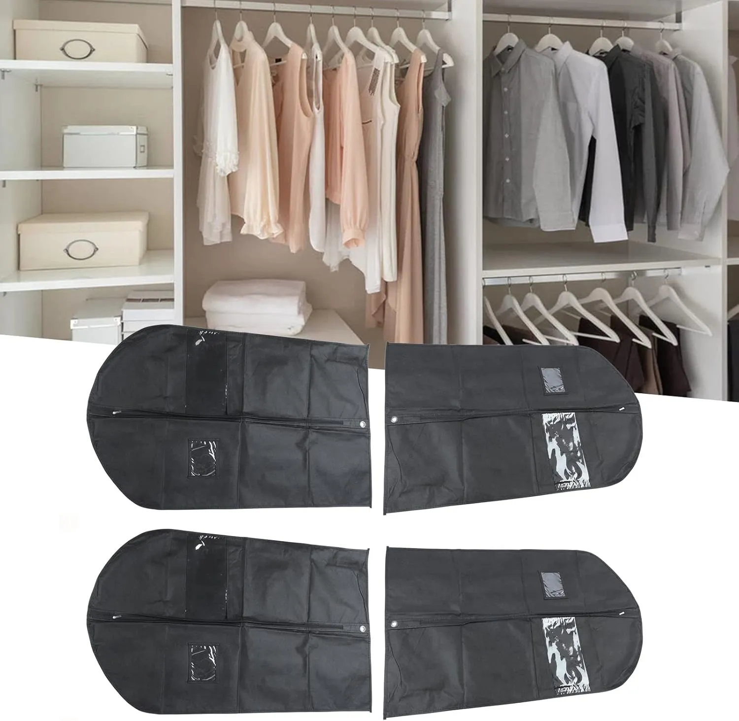 4 Pack Garment Bag Suit Bags for Closet Storage, Waterproofs Hanging Clothes Storage Garment Covers Thickened Suit Bag with Transparent Window for Suits Dresses Coat Storage