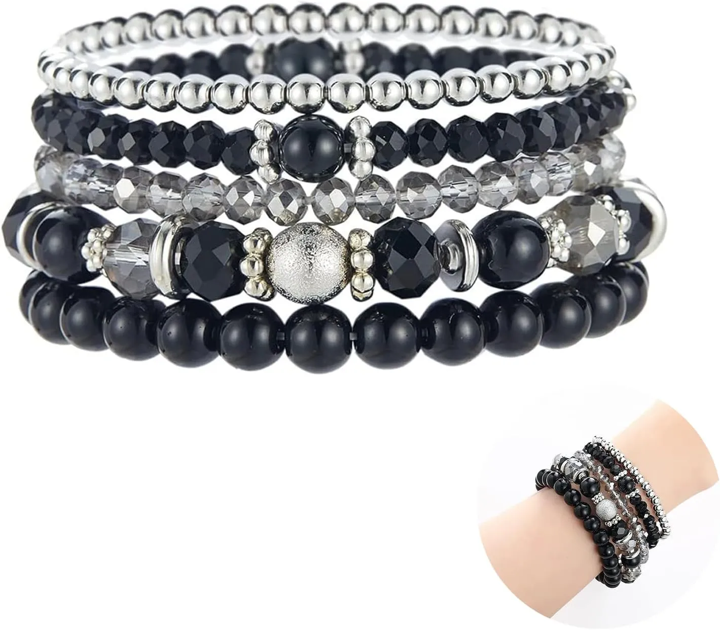 5 Pcs Beaded Stretch Bracelets Black, Boho Stackable Bracelets Crystal Beads Bracelet Set, Stackable Bracelets for Women Men