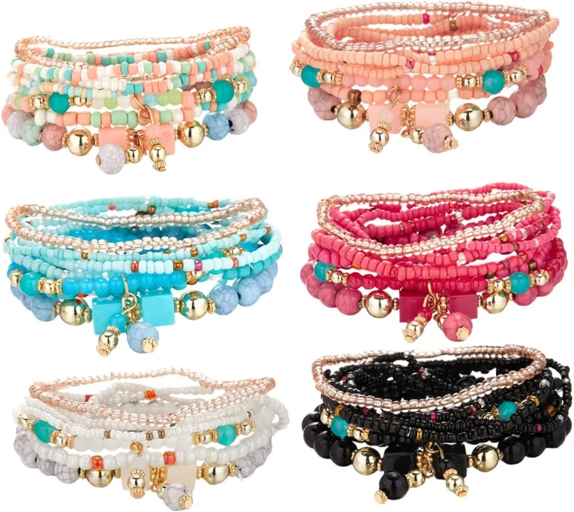6 Sets Stackable Bead Bracelet Color Multilayered Stretch Bracelets for Women Teen Fashion Jewelry present for Special Occasions Random Color