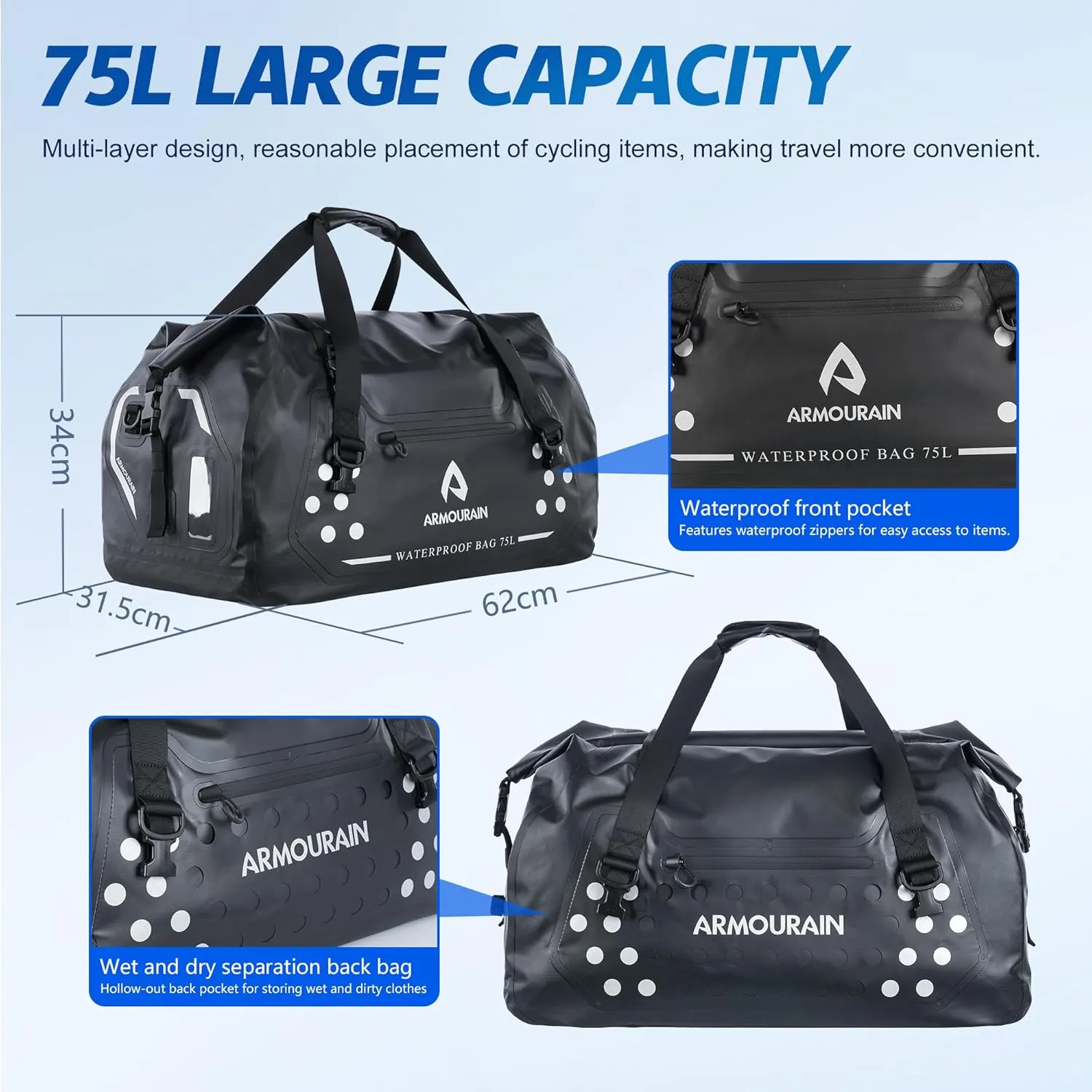 75L Travel Dry Duffel Bag, Duffel Bags Backpack with Durable Straps Motorcycle Tail Bag Waterproof Bags for Travel Boat Pack Waterproof for Motorbike, Travel, Boating, Kayaking Black