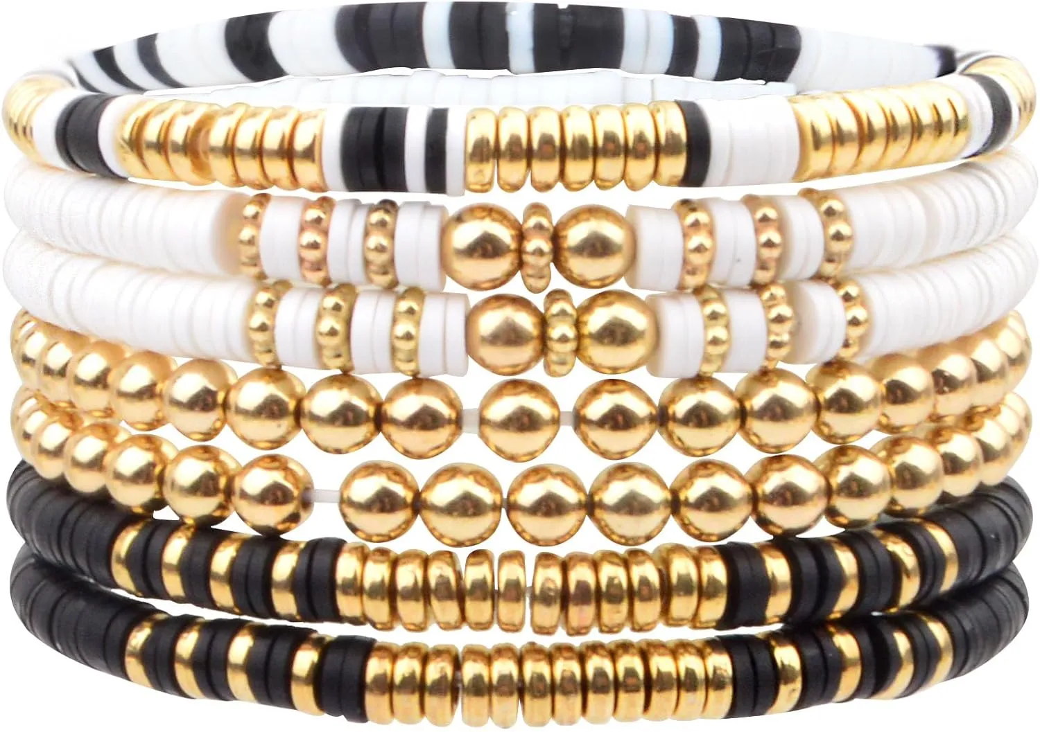 7pcs Surfer Heishi Clay Bead Bracelets Bohemian Stackable Gold Colorful Beaded Stretch Elastic Layering Friendship Bracelet Summer Beach Boho Jewelry Set for Women Birthday Gift