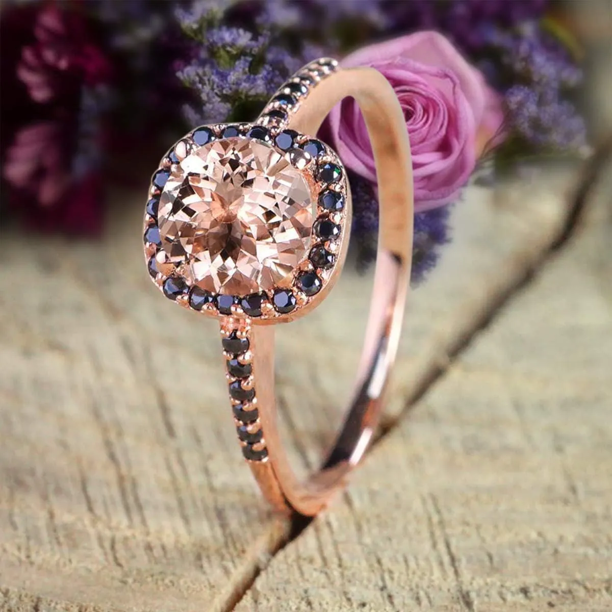 AARK & CO 1.50 Carat Peach Pink Round Morganite and Black Diamond Halo Engagement Ring 14k Rose Gold Finish for Women