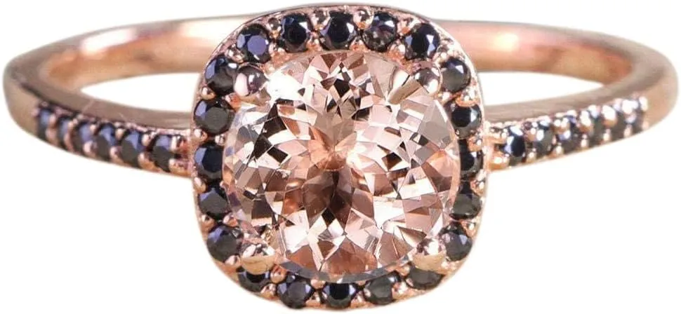 AARK & CO 1.50 Carat Peach Pink Round Morganite and Black Diamond Halo Engagement Ring 14k Rose Gold Finish for Women