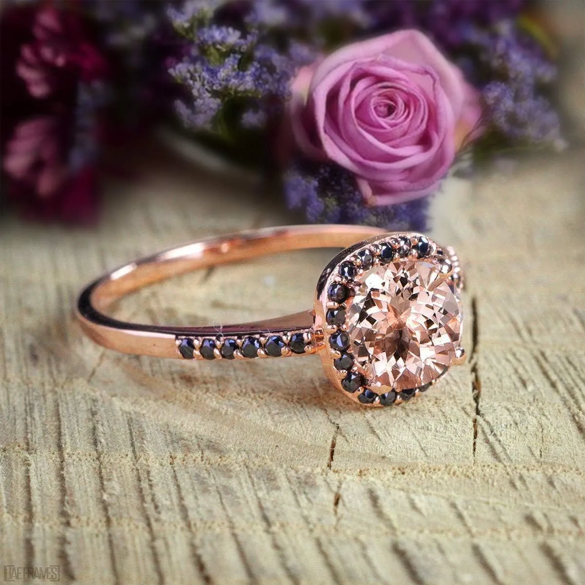 AARK & CO 1.50 Carat Peach Pink Round Morganite and Black Diamond Halo Engagement Ring 14k Rose Gold Finish for Women