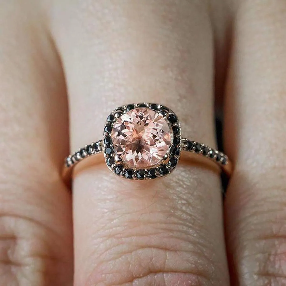 AARK & CO 1.50 Carat Peach Pink Round Morganite and Black Diamond Halo Engagement Ring 14k Rose Gold Finish for Women