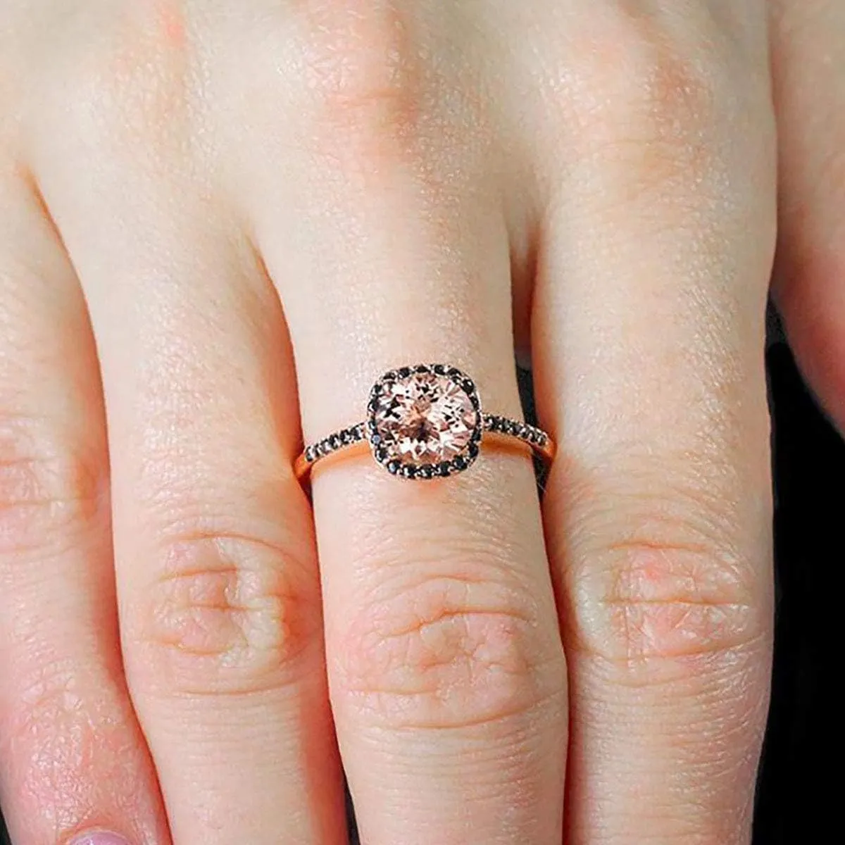 AARK & CO 1.50 Carat Peach Pink Round Morganite and Black Diamond Halo Engagement Ring 14k Rose Gold Finish for Women
