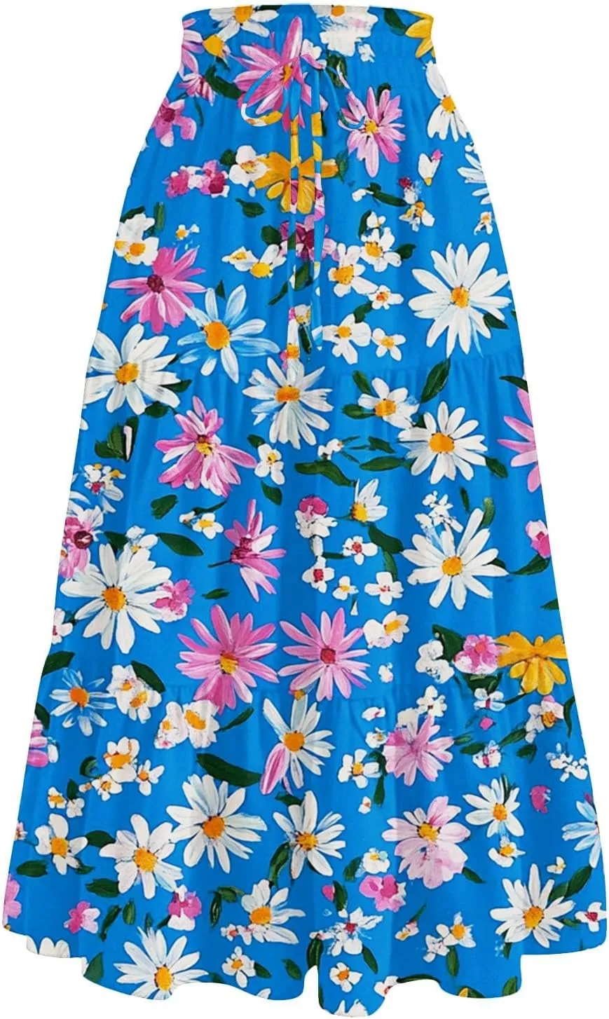 ADHOWBEW Floral Maxi Skirt for Women Trendy Flowy Sexy Elastic Waist High Waist Cotton Bohemian Skirts