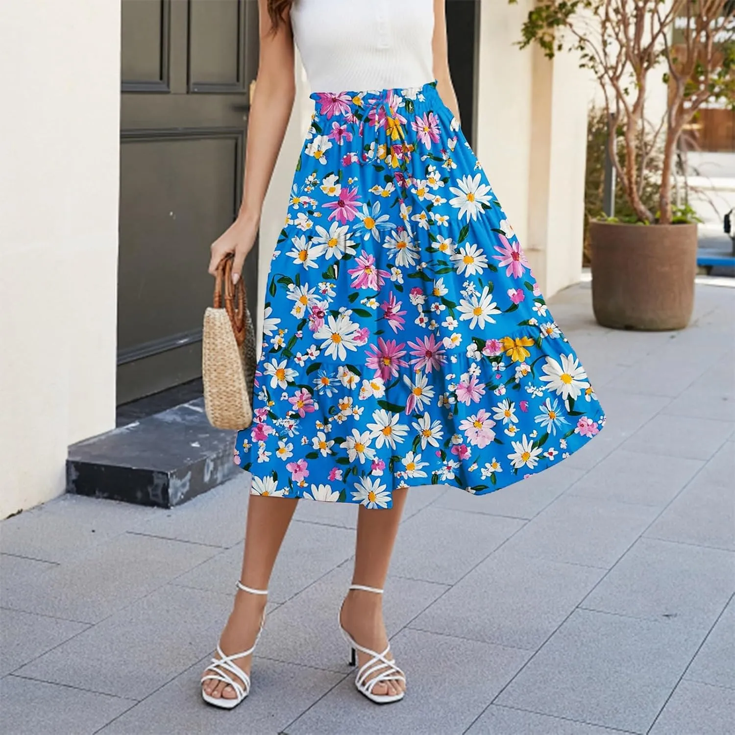 ADHOWBEW Floral Maxi Skirt for Women Trendy Flowy Sexy Elastic Waist High Waist Cotton Bohemian Skirts