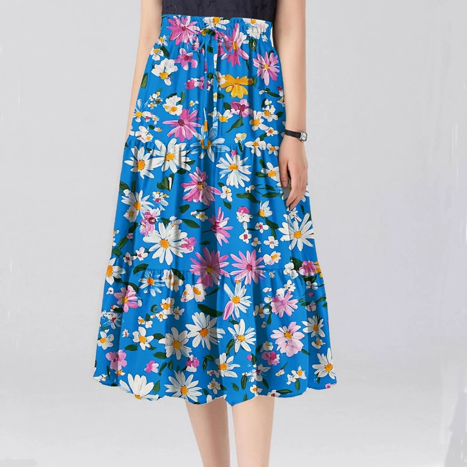 ADHOWBEW Floral Maxi Skirt for Women Trendy Flowy Sexy Elastic Waist High Waist Cotton Bohemian Skirts