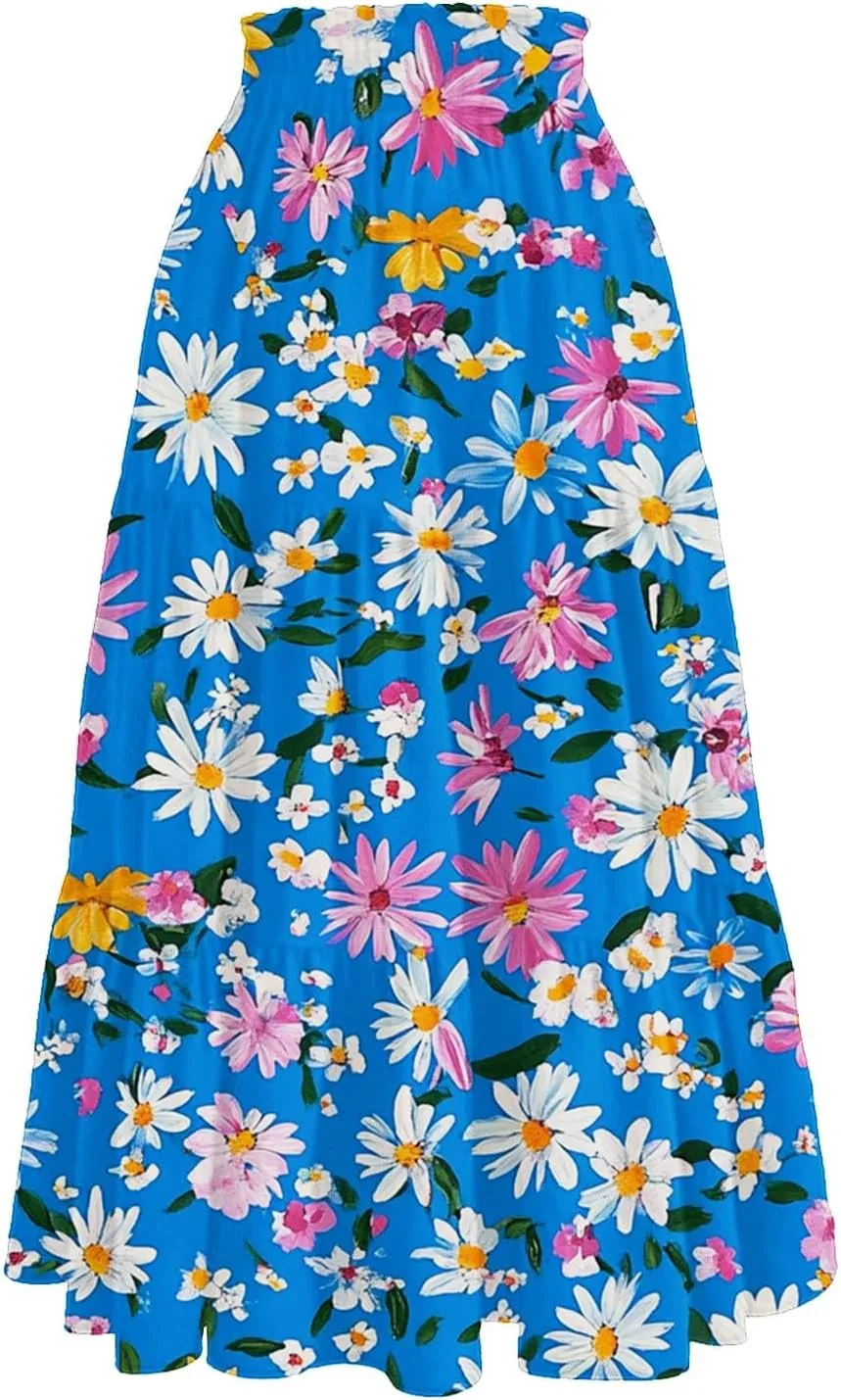 ADHOWBEW Floral Maxi Skirt for Women Trendy Flowy Sexy Elastic Waist High Waist Cotton Bohemian Skirts