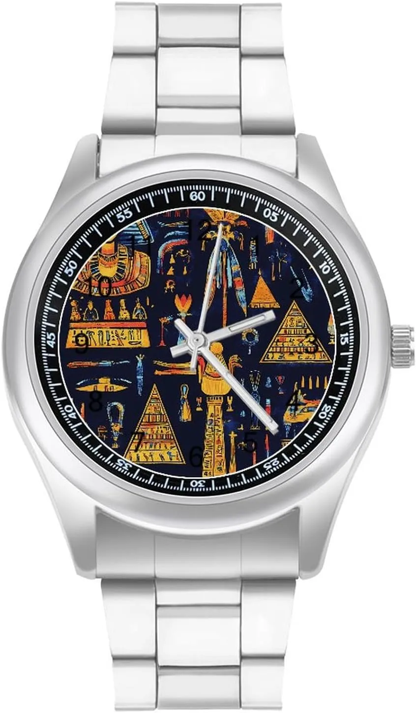 African Egyptian Symbols Print Stainless Steel Strap Simple Business Watches for Men Easy Reader Work Casual Watch