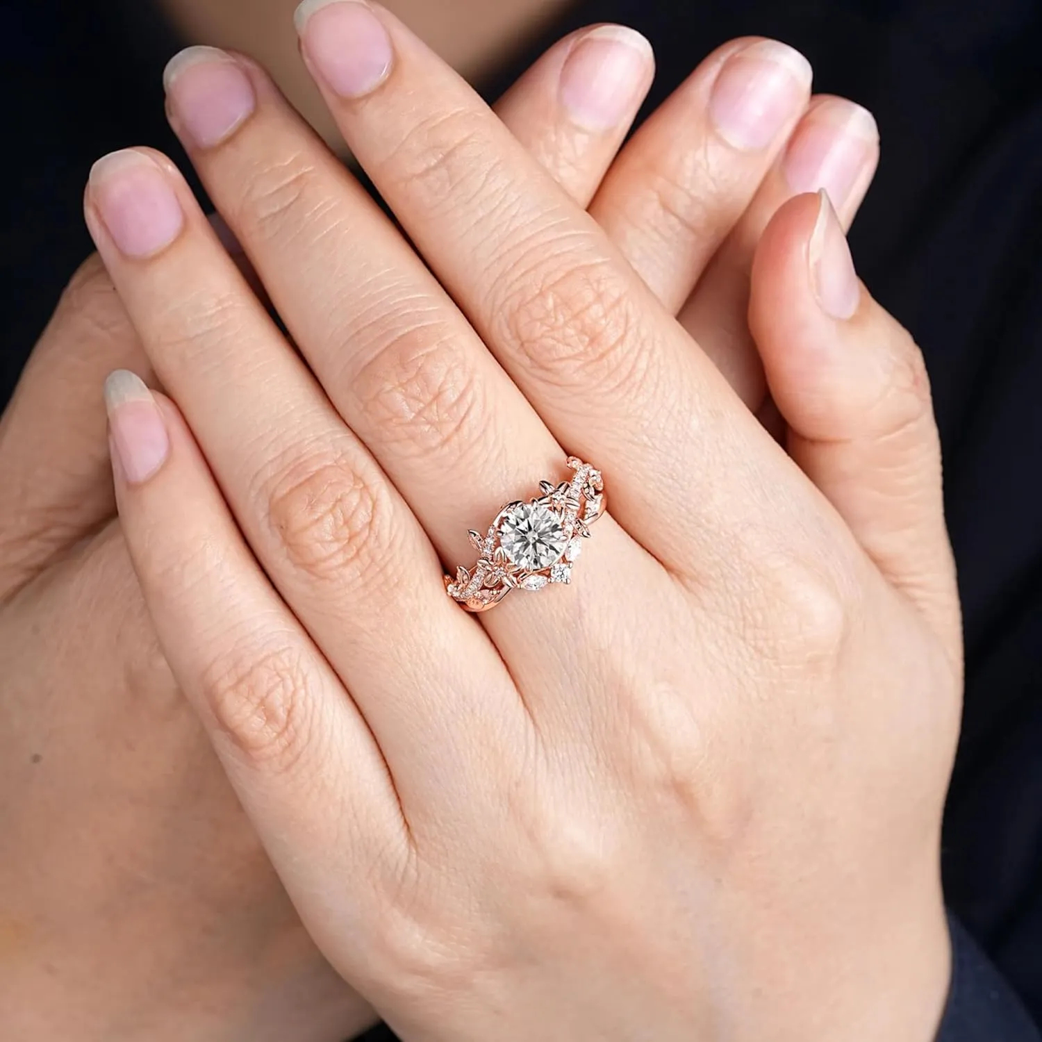 AJU ENTERPRISE Vintage Round Cut Diamond Leaf Floral Ring Set in 14k Rose Gold Vermeil - Nature Inspired Promise Anniversary Rings For Women