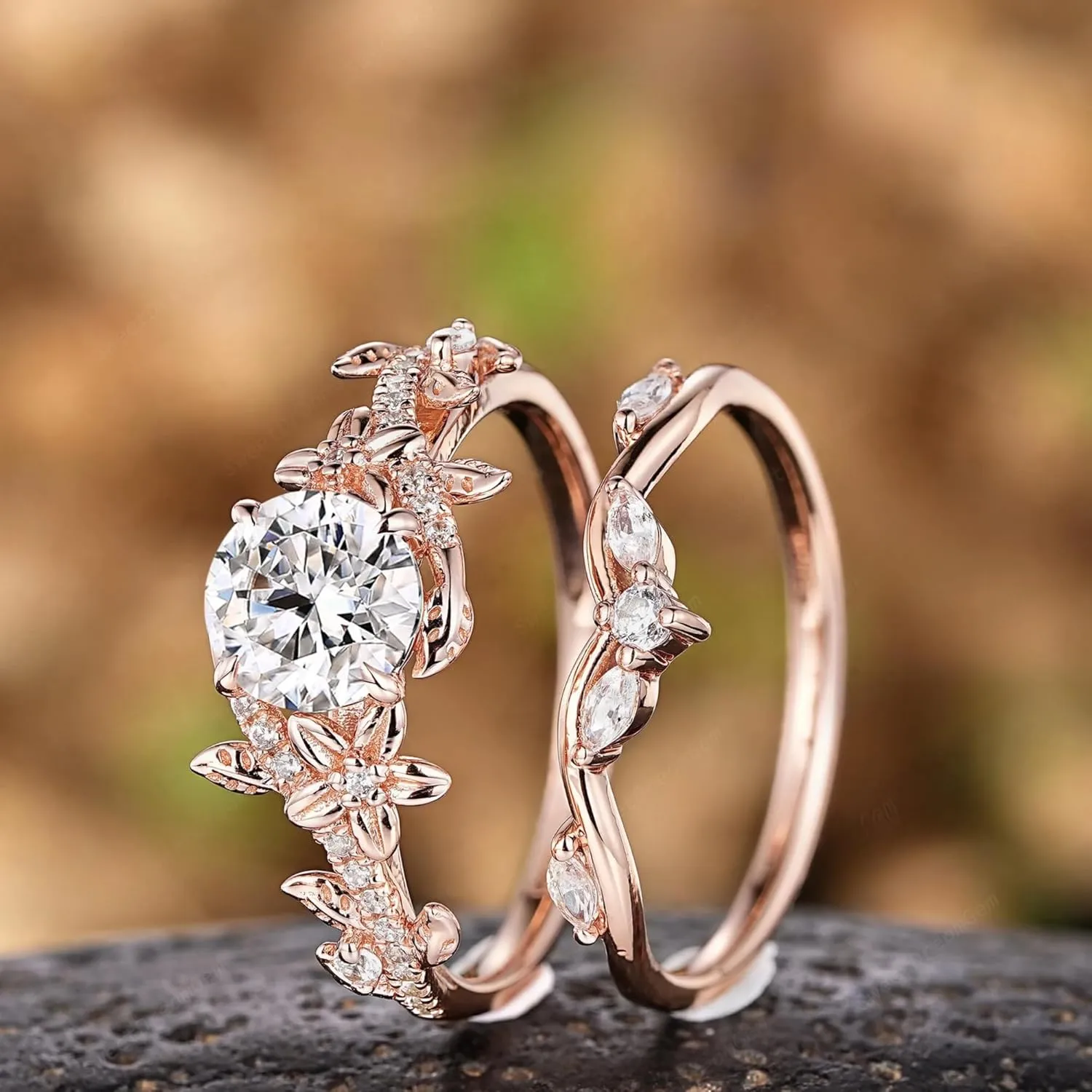 AJU ENTERPRISE Vintage Round Cut Diamond Leaf Floral Ring Set in 14k Rose Gold Vermeil - Nature Inspired Promise Anniversary Rings For Women