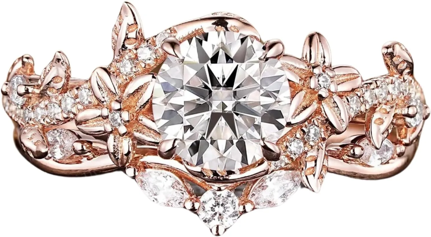 AJU ENTERPRISE Vintage Round Cut Diamond Leaf Floral Ring Set in 14k Rose Gold Vermeil - Nature Inspired Promise Anniversary Rings For Women