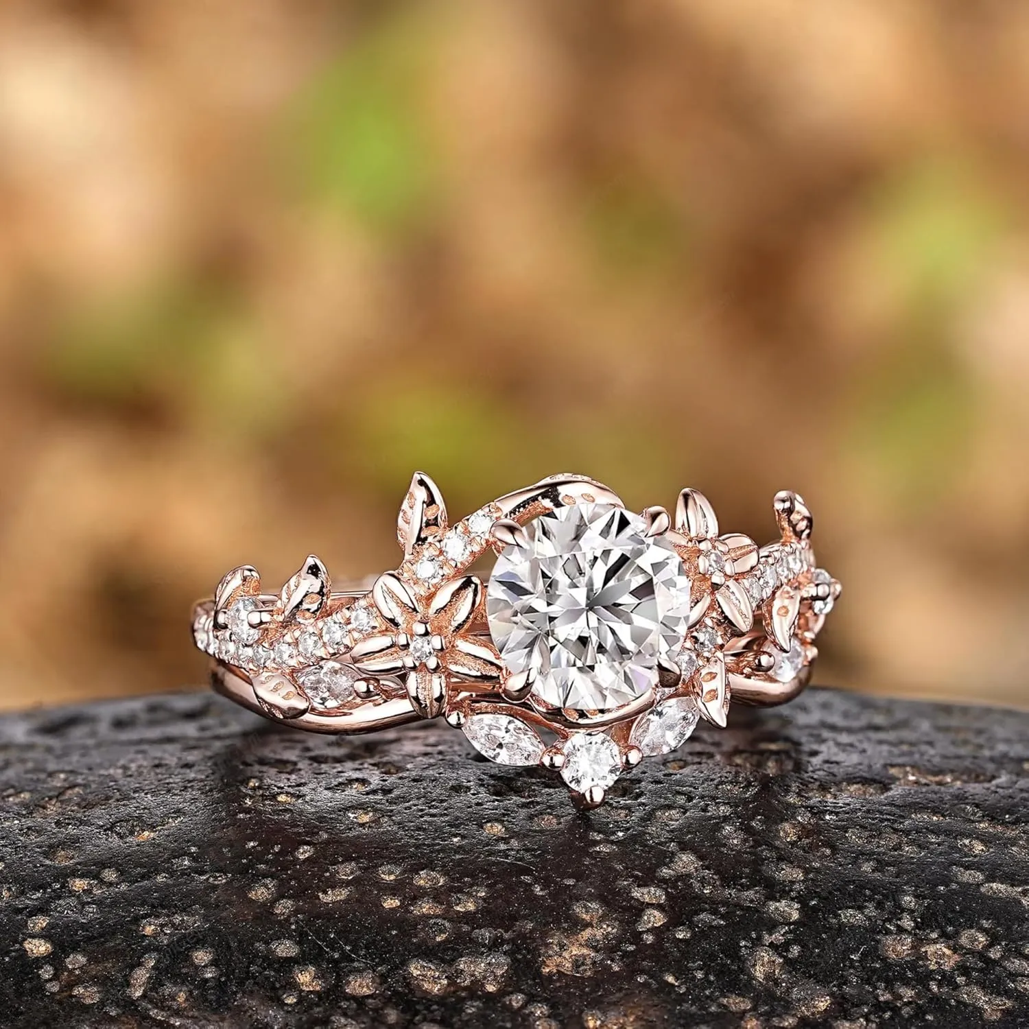 AJU ENTERPRISE Vintage Round Cut Diamond Leaf Floral Ring Set in 14k Rose Gold Vermeil - Nature Inspired Promise Anniversary Rings For Women